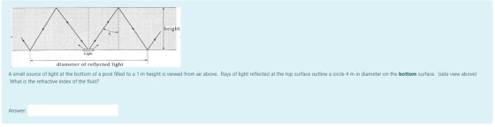 height Light diameter of reflected light A small source of light at the bottom of a pool filled to a 1 m height is viewed fro