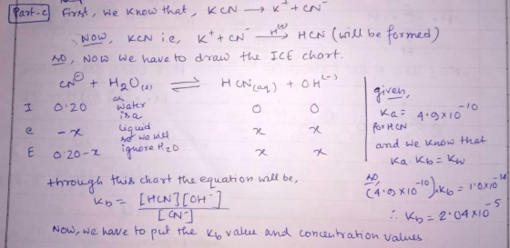 [Part-c) first, we know that, KCN tten Now, Kenie, kt+ en H HCN (will be formed) so, Now we have to draw the ICE chart. CNO +