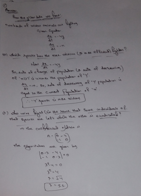 Anwea: from have the given data lighting Two hade of miciau animals are Giren Equator. dx 1-uy dy at (0) which species that t