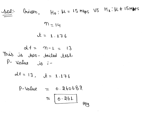 sal: Guiven, Ho! Mz 15 Mbps VS Heil & 15 Mbps n=14 it = 1.276 13 df= m-1 = This is two- tailed test. P-value is i- of = 13, t