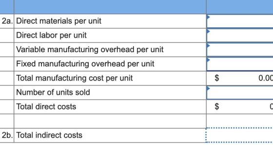 2a. Direct materials per unit Direct labor per unit Variable manufacturing overhead per unit Fixed manufacturing overhead per