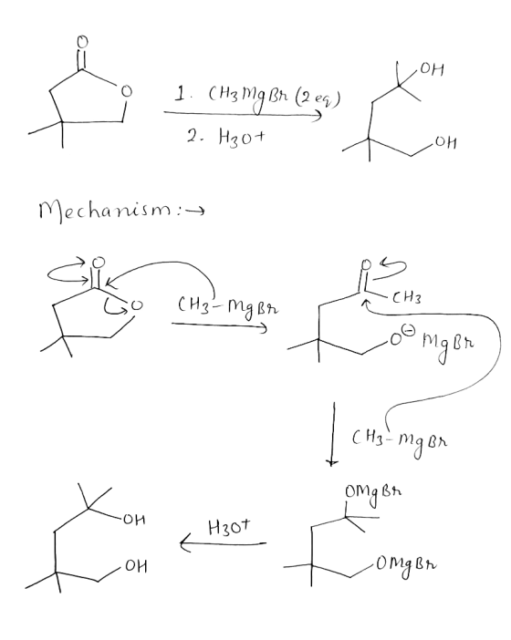 o 1. (H3 My BM (2 eq) 2. H₂ott megtoh a - on OH Mechanism : -CH₂ Go (H3-mgbr toomgen J CH3 mgon Omgbr SOH OMEB