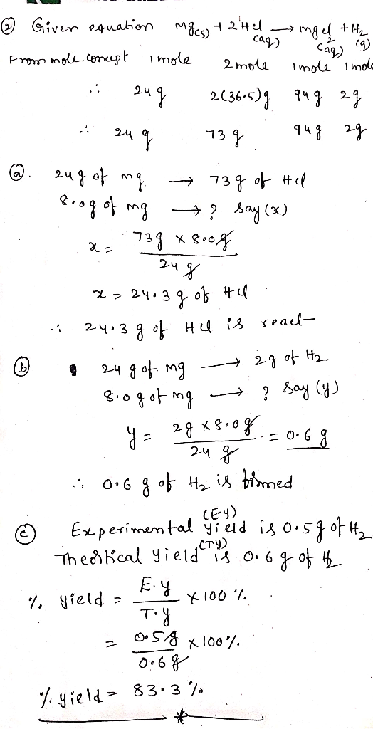 CD) ) O Given equation mges) + 2 Hl — ingel +H₂ cag) motoren From mole concept imole - 2 mole e Imole Imola 249 263605), qug