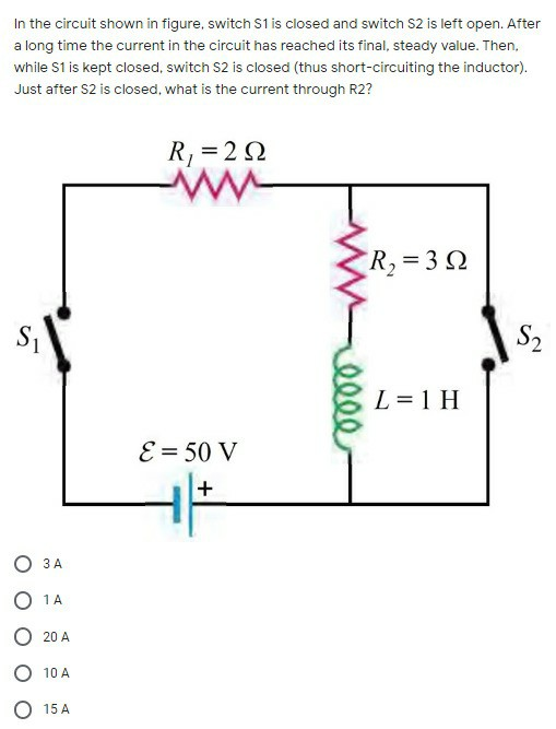 In the circuit shown in figure, switch S1 is closed and switch S2 is left open. After a long time the current in the circuit