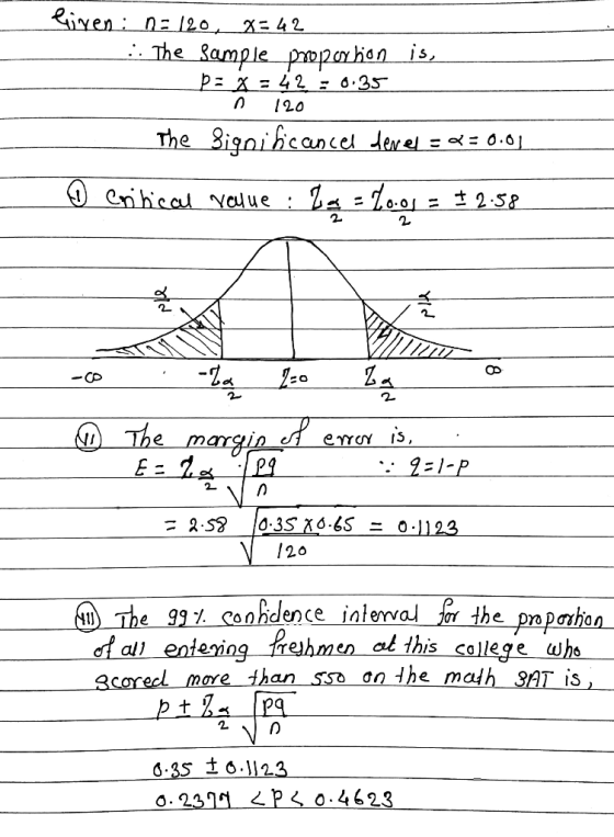Given: n=120, x=42 ... The sample proportion is, ___ p=X=42 = 0.35 0 120 The significancel tevel =2=0.01 O critical rouue : L