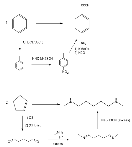 COOH CH3CI / AICI3 NOZ 1) KMnO4 2) H20 HNO3/H2SO4 NO2 - 1) 03 2) (CH3)25 NaBH3CN (excess) NH2 H nn Mo excess