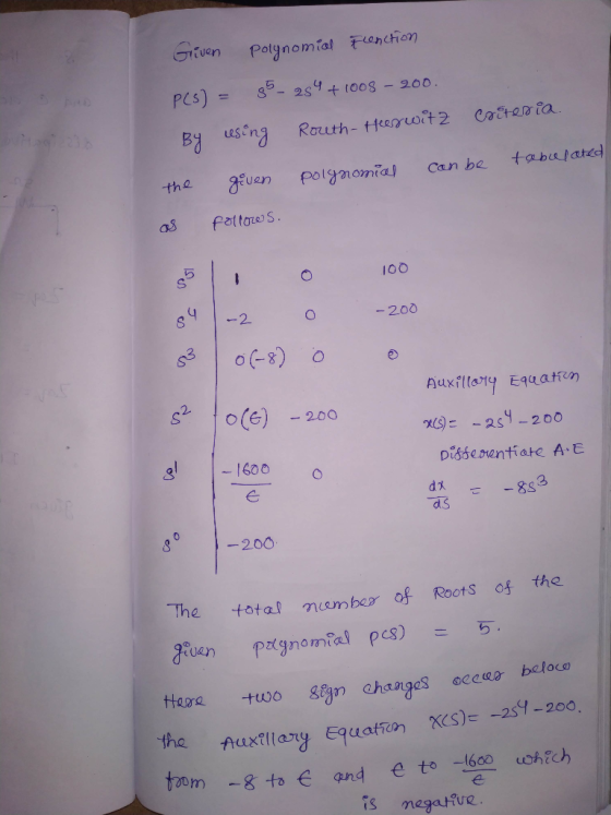 Given polynomial Fenction P(s) = 55- 284 +1008 - 200. criteria. By using Routh- Heeswitz the can be tabulated given polynomia