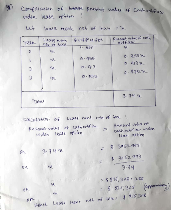 Cashout flow computation of tease present value of under lease option : Led lease rent net of tan =n year Lease rent net of t