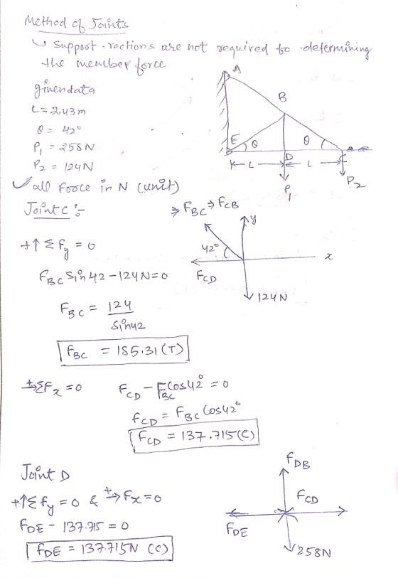 Method of Joints Support - rochons are not required to determining the member force givendata C= 2.43m a = 42 P; -258N P2 = 1