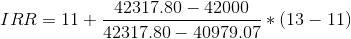 IRR = 11 + \frac{42317.80-42000}{42317.80-40979.07}*(13-11)