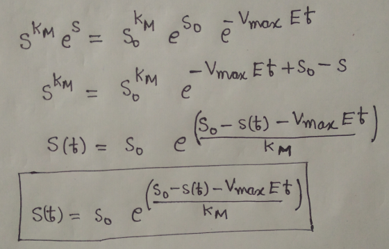 KMSoVmo Et e h skMeS=S e -Vmax Et +SoS KM KM Sp s(t)-Vmax KM S(t)=So So-St)-Vwax Et KM St)= So e