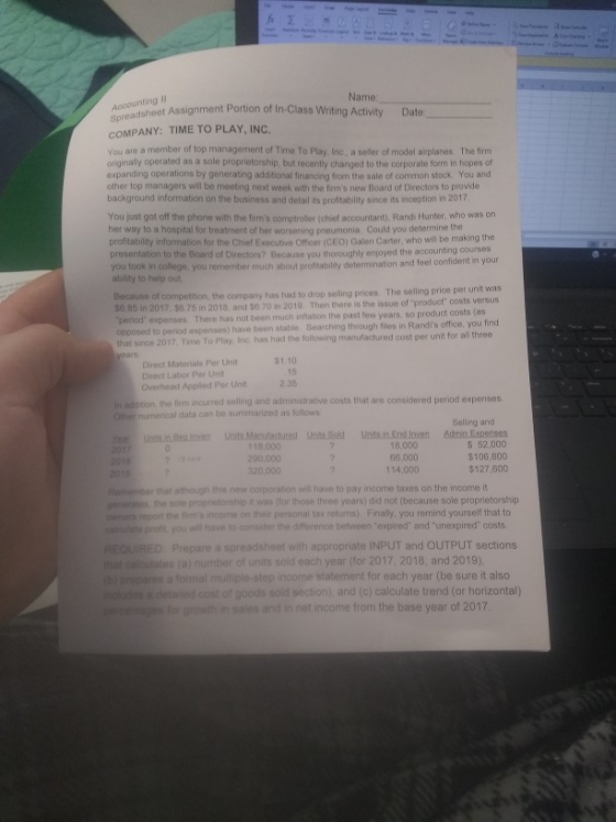 Accounting i Spreadsheet Assignman Name sheet Assignment Portion of In-Class Writing Activity Date COMPANY: TIME TO PLAY, INC
