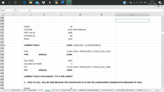 12:12 W | © VO (a 1x ENG | 28-03-202024 ... o X 0247 X fc Formula Bar M. YEARS COUPON FACE VALUE 20 8.0% SEMI ANNUAL 1000 COU