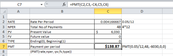 =PMT(C2,C3,-C4,C5, C6) fx B 1 2 RATE 3 NPER 4 PV 5 FV 6 TYPE 7 PMT $ Rate Per Period Total No.of Payments Present Value Futur