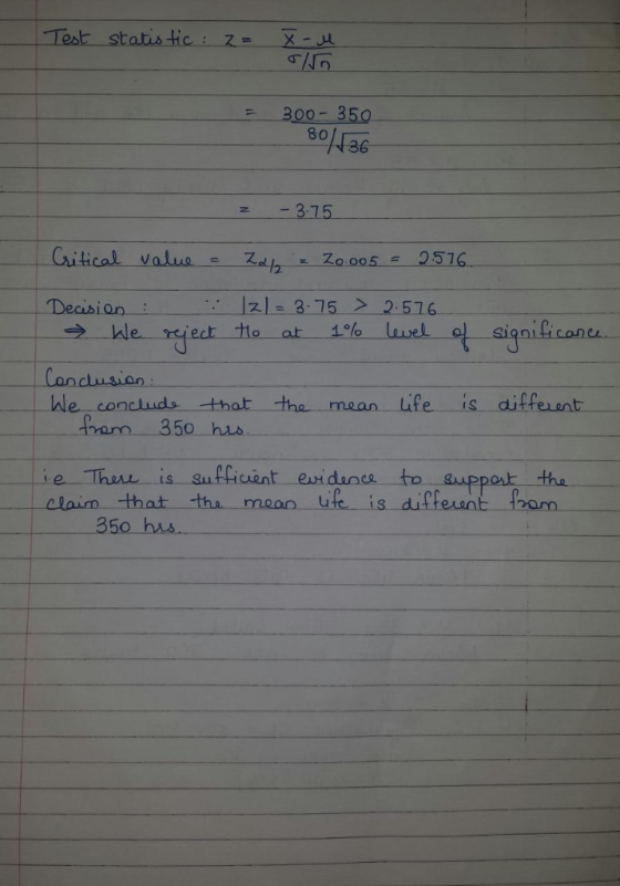 Tost statistici Ze-u 300- 350 80 36 375 Citical value z 3 75 2.516 Decisi on ife is aiffunt hle conchuds thot tha fan 35o hus