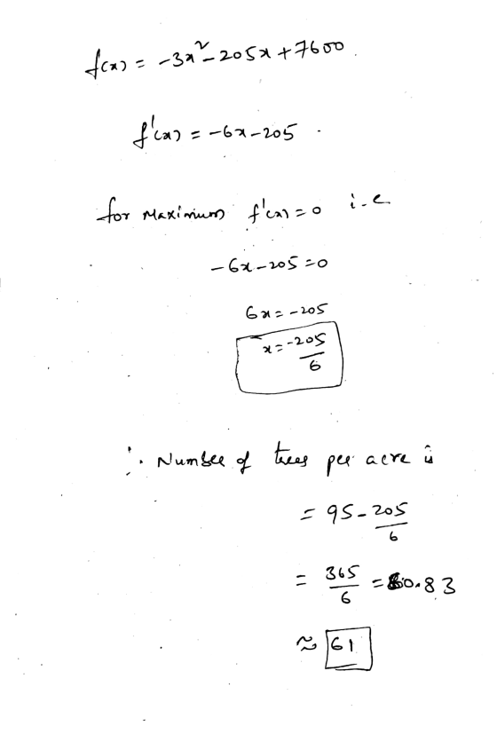 f(x) = -32% 2050 +7600 (a)=-64-205 for Maximium fonzo ie -62.-205=0 62=-205 x=-205 . Numbee of trees acre pee 6.) =95-205 6
