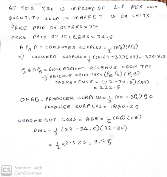 AFTER TAX IS IMPOSED OF 2.5 PER UND QUANTITY SOLD IN MARKET is 89 UNITS PRICE PAID BY BUYERS = 37 PRICE PAID BY SELEERS = 34.