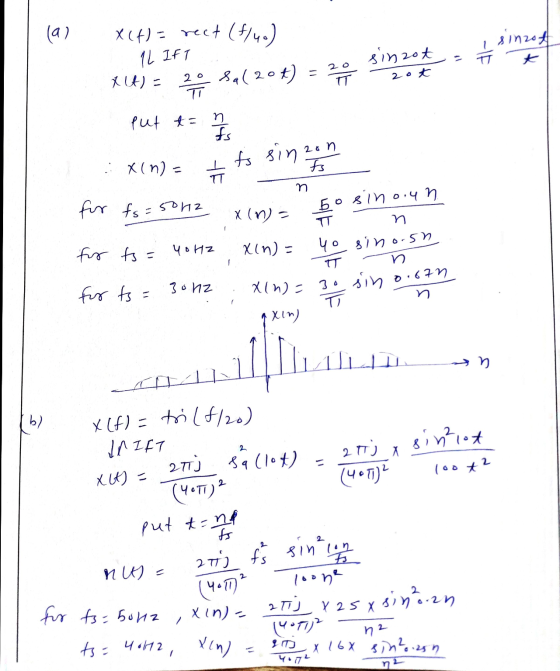 (a) X(H) = rect (4/40) 20 Salzot) = 20 sinzot * 1L IFT 20 sinzot 2ot ㅠ put t= Is X (n) = I to sinzon Fs n for fs=5042 x(n) Yo