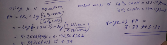 oonal Colts COOH = 122 1291 med veing H-H molar mass of equation, Che Coona 144. lig/mol pH = pka + log IG HS COOH үлгое оf