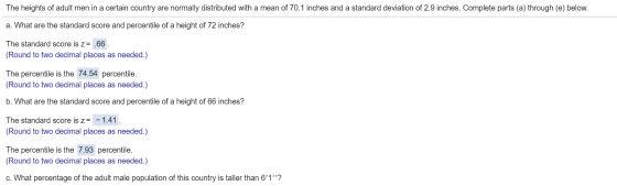 The heights of adult men in a certain country are normally distributed with a mean of 70.1 inches and a standard deviation of