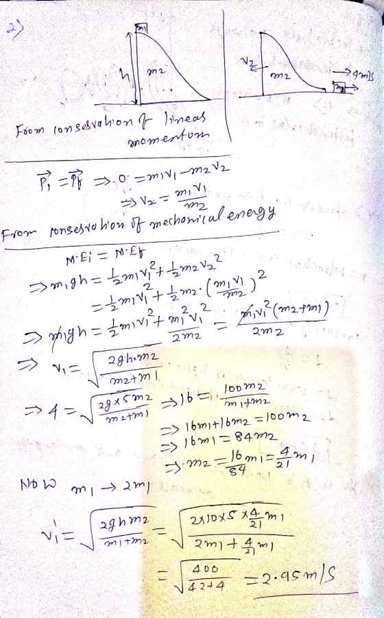 2. т. Tube From conselvation of lineas momenton Рет, Бог — тур - m2 , m, v) =V, — т) from consessation of mechanical energy м