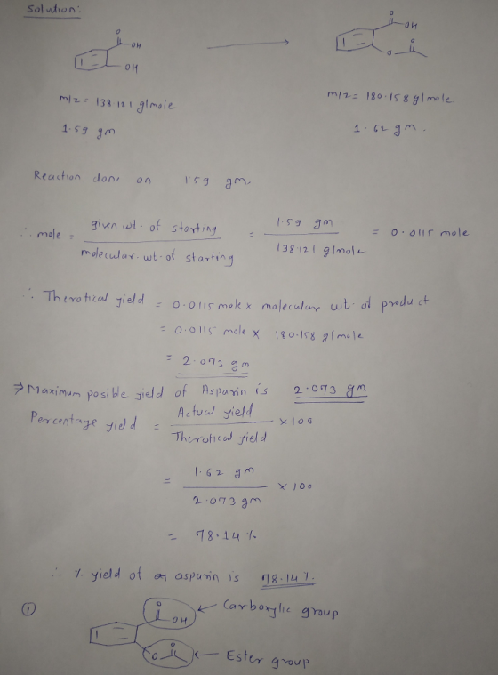 solution: — и - он Com m/2 = 138 12 1 glmole m/2=180.15 8 gl mole. 1.59 gm 1.62gn. Reaction done on 159 gm. given wt- of star