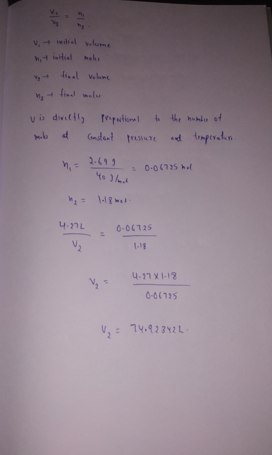 V.initial Valume Moles final Volune 2 final Vmalu to the humlu ot Epationl vis diveltl) temperahen Constant resutE at 2.69 9