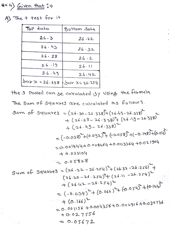 日4-4) Given that The + +est for i+ ToP datu Botom cluti 26 -2.2. 26 32 26 .2 26.11 26.42 26 3 26 - 43 26. 28 2 6.49 sind the. formule thes Pooled cean be caleuleated Us The Sum of 8ures are calculated s foou s Sum or Squares (26.30-26 . 332H (26:43-26.339广 t (26-28-26-538J1 C26-10-26.33% (-0.038 4(0.032凢ヒ0.058 t(-0.148)+(ouỳ -t o. 023104 Sum of Square3-(26-22-26.2549% (26.32-26.2 (26 20-26.2x4)+(26.11 -26.2 s4) 26-42-26.254) +0, 004358 + 0.002916-to.o 20 736 ニ0.001156
