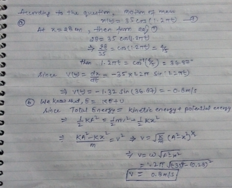 Acerrding to the questim, motion of mass (4= 35eos (1.27t) At x=28 em, then from ea o 28-35 col.2 them 1.200 = cost) = 36.97