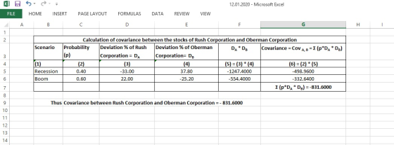 12.01.2020 - Microsoft Excel DES HOME FILE INSERT PAGE LAYOUT FORMULAS DATA REVIEW VIEW Scenario Calculation of covariance be