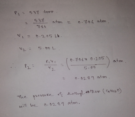 PI 537 terr 531 atm 706 atm 760 NI=0.2 05 Lt. V2 5. 00L 07060 0.205 atm fiVi 2 5.00 O.0289 atm Presare de ttyl atta (aro) adm