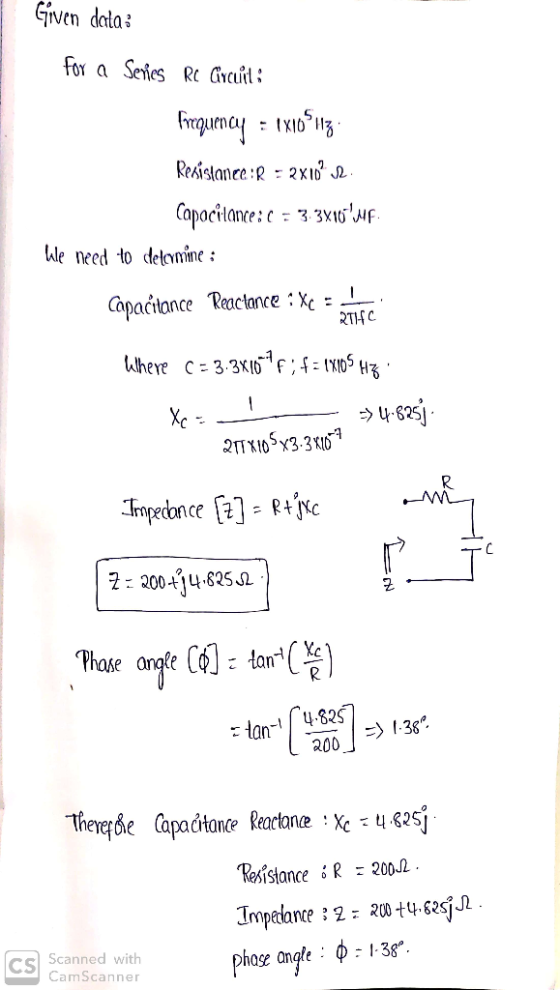 Given data: for a Series Rc Gvcuît Frequrnay Resislance: 2xI Capacttance:c 33x10uf. Wle need to delmine: Capacitance Ractanc