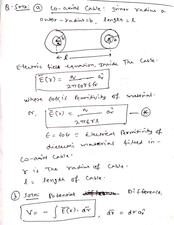 Q:sotni a co-axial Cable: Iriner radins a onter-radius=b length =l lo &ļa Electric field equation, Inside The Cable. É (8)= a