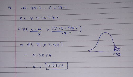 # l=98. I, 6 = 18.7 P ( X > 127.8) =P(x-es > 127.8-98.1 18.7 = P(Z > 1.5g) 0.0559 1.59 = o.o55g Ans!