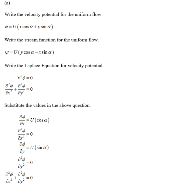 (a) Write the velocity potential for the uniform flow. 0=U (x cosa + y sin a) Write the stream function for the uniform flow.