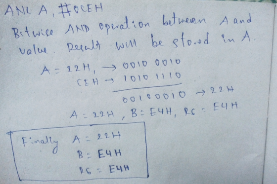 ANL A, #OCEH Bitwire AND Operalion betwean A and Reealt will be sto.od in A y0D10 0010 A = 22H, CEH 1010 1110 → 22 ht A : 22H