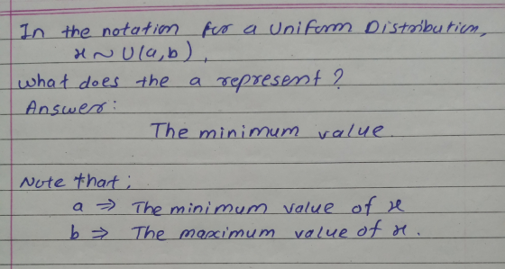 In the notation for a uniform Distribution Hnula,b), what does the a represent? Answer: The minimum value. Note that a = The