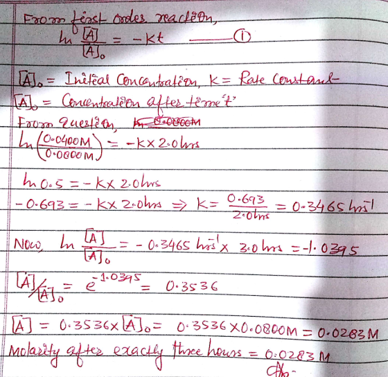 From least Ordes, reaction, hi A = -Kt G o A. = Inéteal con cautatien K= Rate Constfaseda A = Concentration after temet From