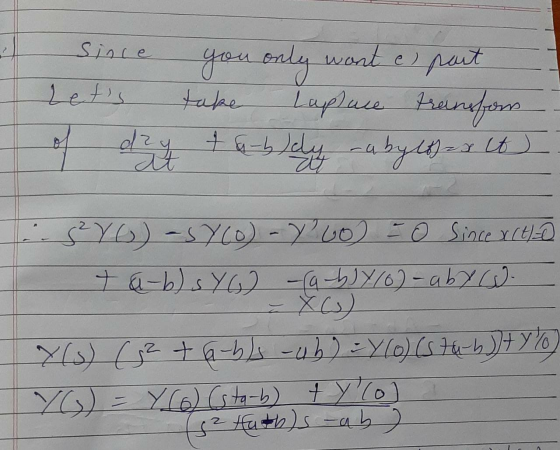 Since Lets you only wont e) part take Lapuce transform . - را ر = ( واطع اعلاه وو - 870) - SY(0) -Y²60 = 0 Since xitle - ta-
