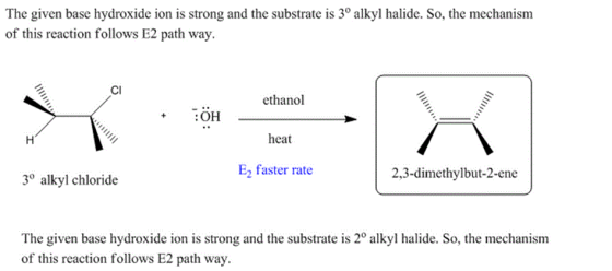 The given base hydroxide ion is strong and the substrate is 3° alkyl halide. So, the mechanisnm of this reaction follows E2 p