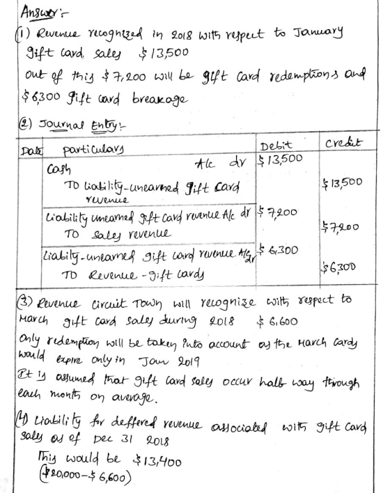 Answers (1) Revenue recognized in 2018 with respect to January | gift card, sales $13,500 out of this $7,200 will be gift car