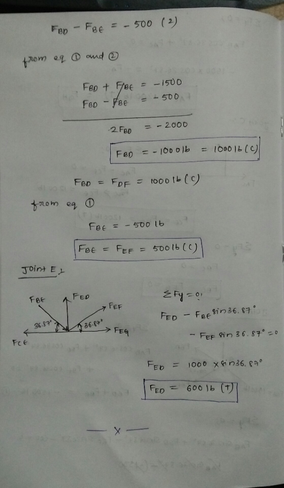 FBD-FBE =-500(2) 2FBD- 2.000 oh e Fee = -500 lb Fee FEF = 500 lb (c) Joint E FEF ED -Fee gin 36.87 36.87 Eq -FEF ging 6.872