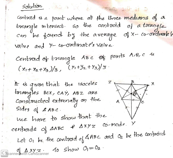 solution . Centrad 13 a point where all the three medians of a torangle intersect. so the centooid of a torangle can be found