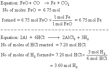 Equation: FeO+ CO → Fe + CO, No of moles FeO = 6.75 mol 1 mol Fe formed = 6.75 mol FeO x-* = 6.75 mol Fe 1 mol Feo ----------