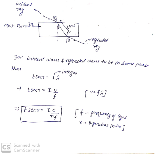 incident ray (3) = n,+n, 3/2 | preglected say For incident wave & refracted wave to be in same phase then tseer= integar I a
