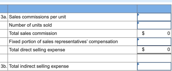 3a. Sales commissions per unit Number of units sold Total sales commission Fixed portion of sales representatives compensati
