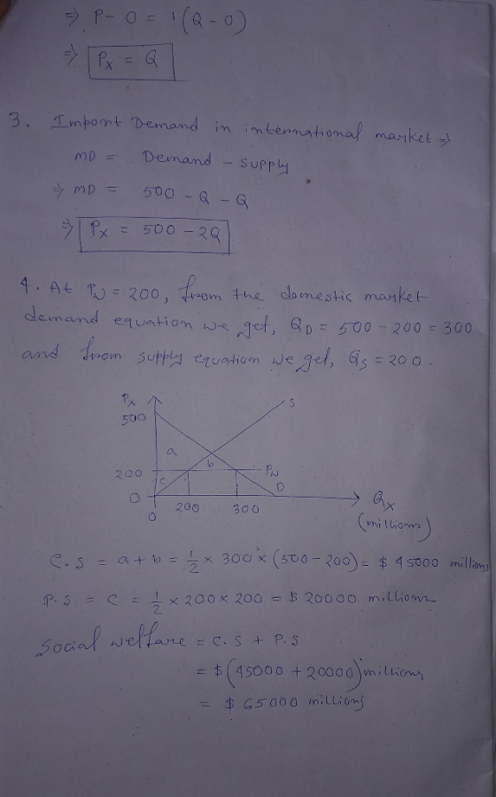 ) P-0 (0-0) 3. Impont Demand in international market MD = Demand - Supply * MD = 500 -Q- Q | P x = 500-2Q| 4. At PW = 200, fr