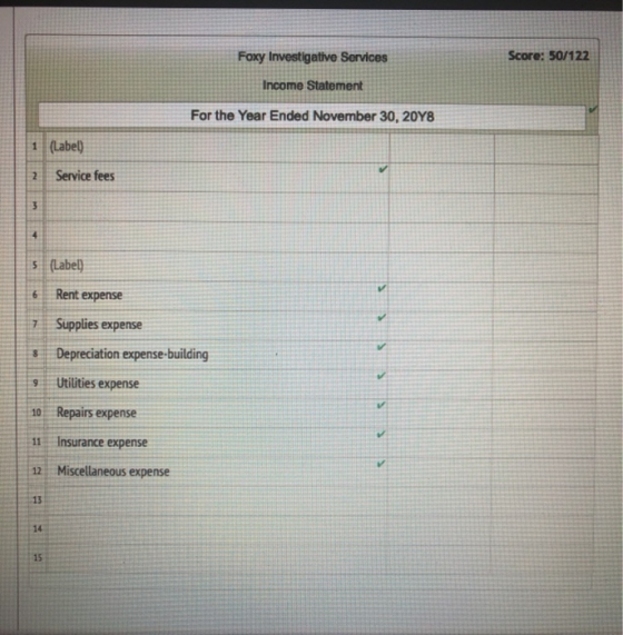 Foxy Investigative Services Score: 50/122 Income Statement For the Year Ended November 30, 2048 1 (Label) 2 Service fees 3 5