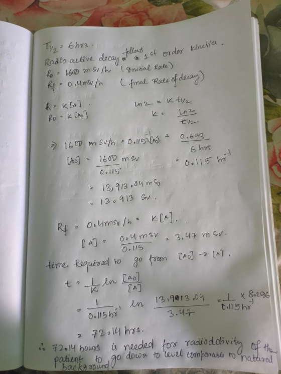 in kinetice OVOLJ Tya 6hrs. Radio active decay a 1st order ho 1600 mswll Ignitial Rate) R 20.4msu/h (final Race of decay) R²