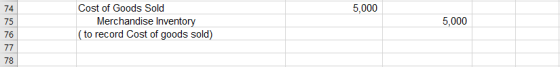 74 5,000 75 Cost of Goods Sold Merchandise Inventory (to record Cost of goods sold) 5,000 76 77 78